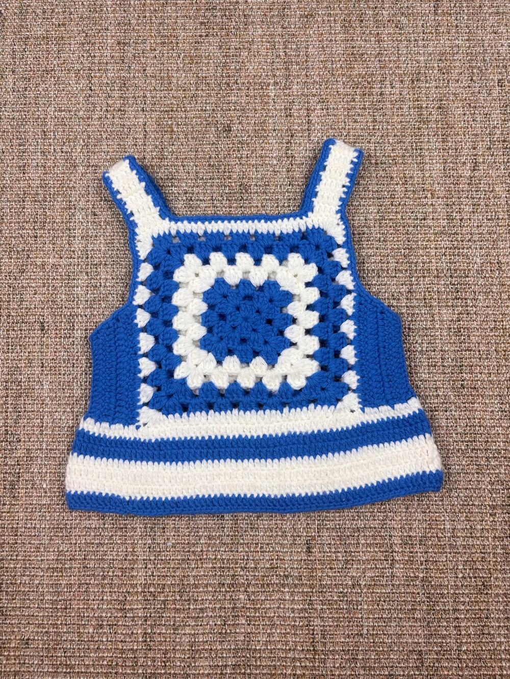 🧶 Hand-Knit Baby/Toddler Granny Square Vest | 2T | Blue & White | Boho Cottage